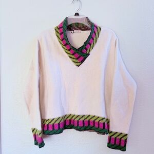 Stylish V-Neck Sweater - Cream with Green and Pink Accents